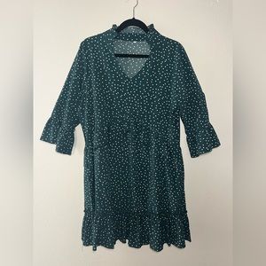 V-neck ruffled green polka dot mini dress